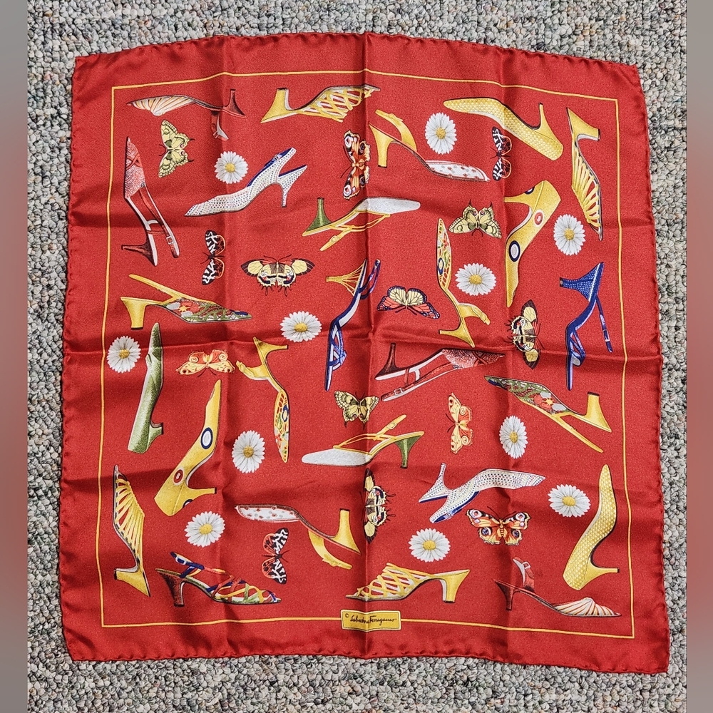 Salvatore Ferragamo Red Scarf with Shoe and Floral Design